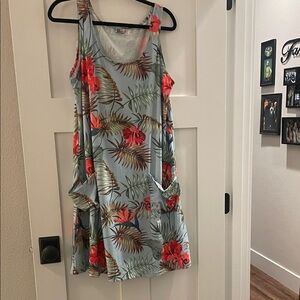 Boutique Tropical Floral Mini Dress - Light Blue and Red